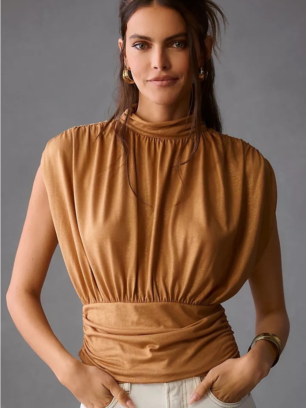 Anthropologie Maeve Ruched Metallic Mockneck Muscle Tee Metallic Size M